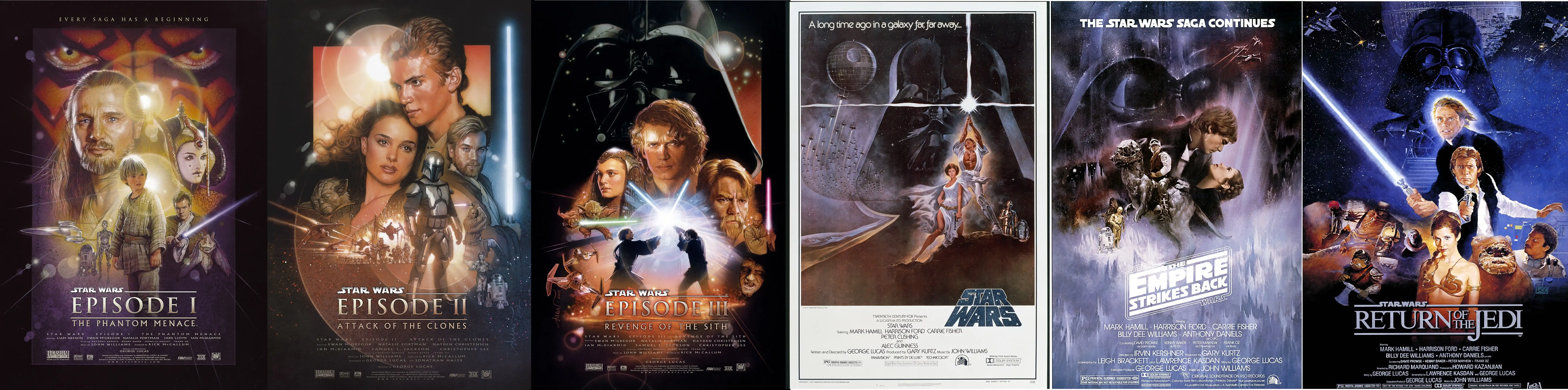 Movie posters for each film in the Star Wars saga.